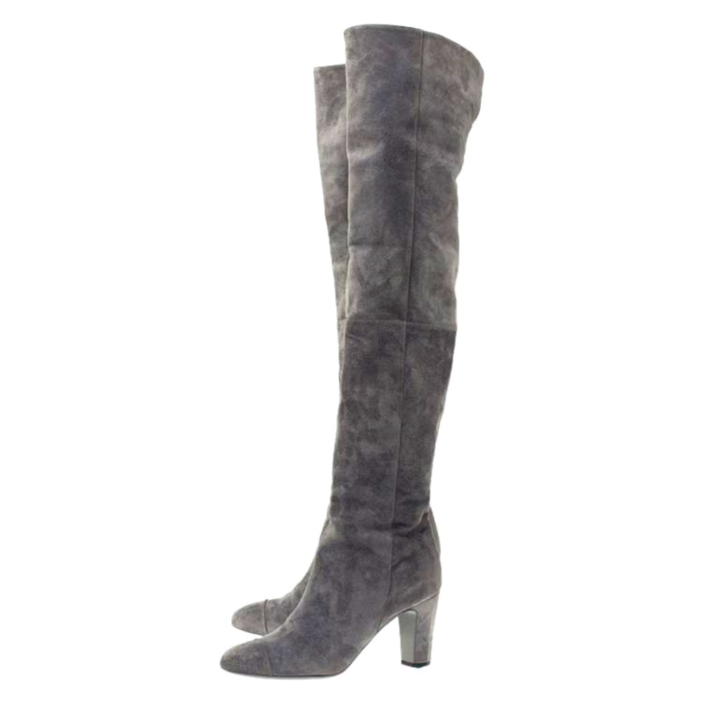 Chanel over knee gray suede boots 38 7.5